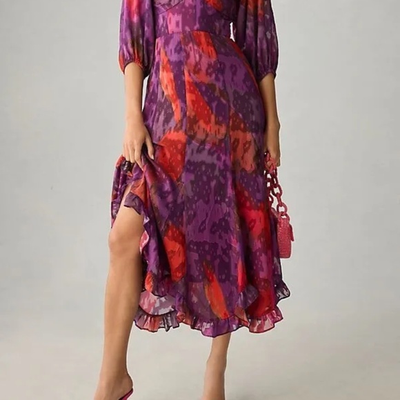New Anthropologie Hutch Printed Twist-Front Puff-Sleeve Ruffle-Hem Dres 2X - Picture 1 of 7